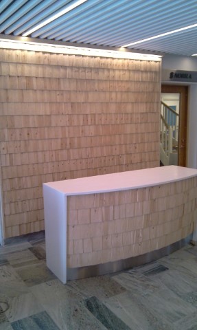 Dekorvägg och receptionsdisk – detaljbild